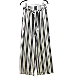 H&M Wide Leg Tie Waist Pants Womens Size 2 White Blue Stripe Beachy Culotte